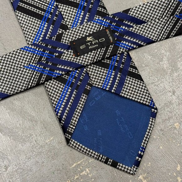 ETRO Milano Tie Houndstooth Plaid Woven Made in Italy 100% Silk Grey/Blue 4" - Picture 4 of 5
